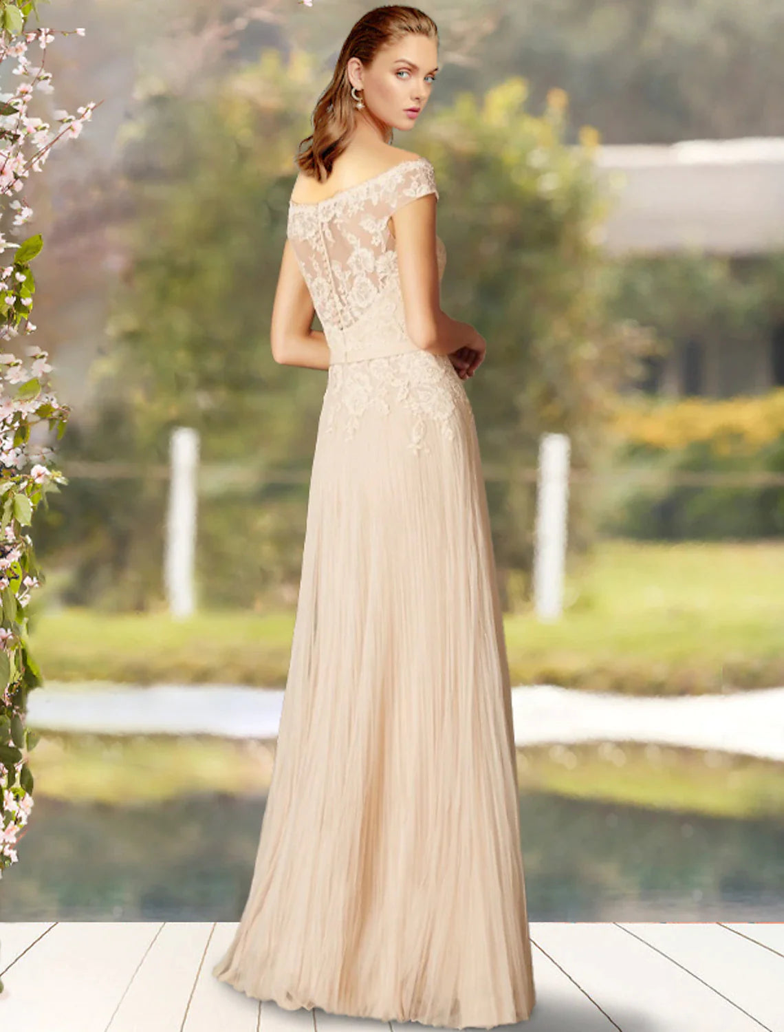 Wholesale A-Line Mother of the Bride Dress Elegant Off Shoulder Floor Length Lace Tulle Short Sleeve with Bow(s) Pleats Appliques